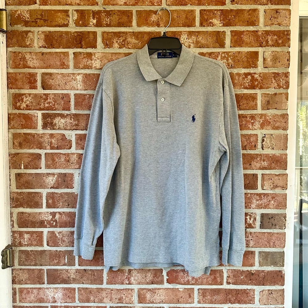 POLO Ralph Lauren Mens Long Sleeve Gray Cotton Jersey Polo Shirt Size Large